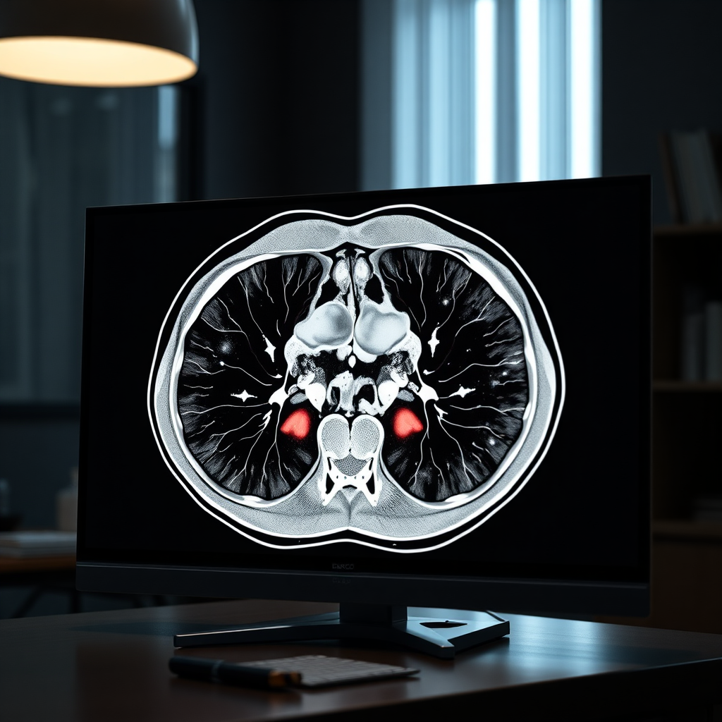 Create a photorealistic image of a BARCO medical display showcasing an intricate CT scan. Focus on the sharpness and detail of the image, highlighting the display's ability to render subtle variations in tissue density. The scene should be set in a dimly lit reading room, emphasizing the display's brightness and clarity. The color palette should be predominantly grayscale, with subtle accents of color to highlight key anatomical features. Use a close-up camera angle to showcase the image quality. Style reference: Medical imaging visualization.