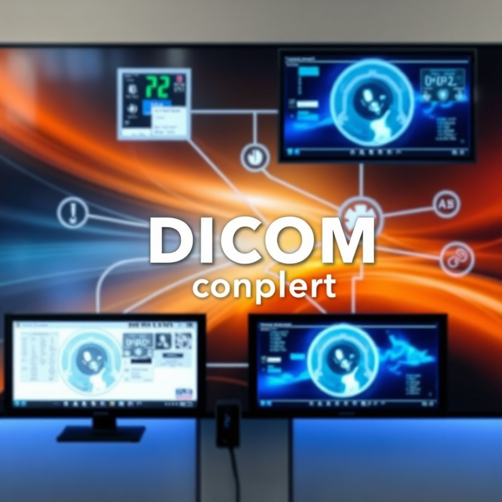 Create a visual representation of DICOM compliance in a Barco medical display. Use a network-like structure with data flowing seamlessly across various medical devices connected to the display. Style: Abstract representation of interconnected medical technology, emphasizing interoperability.