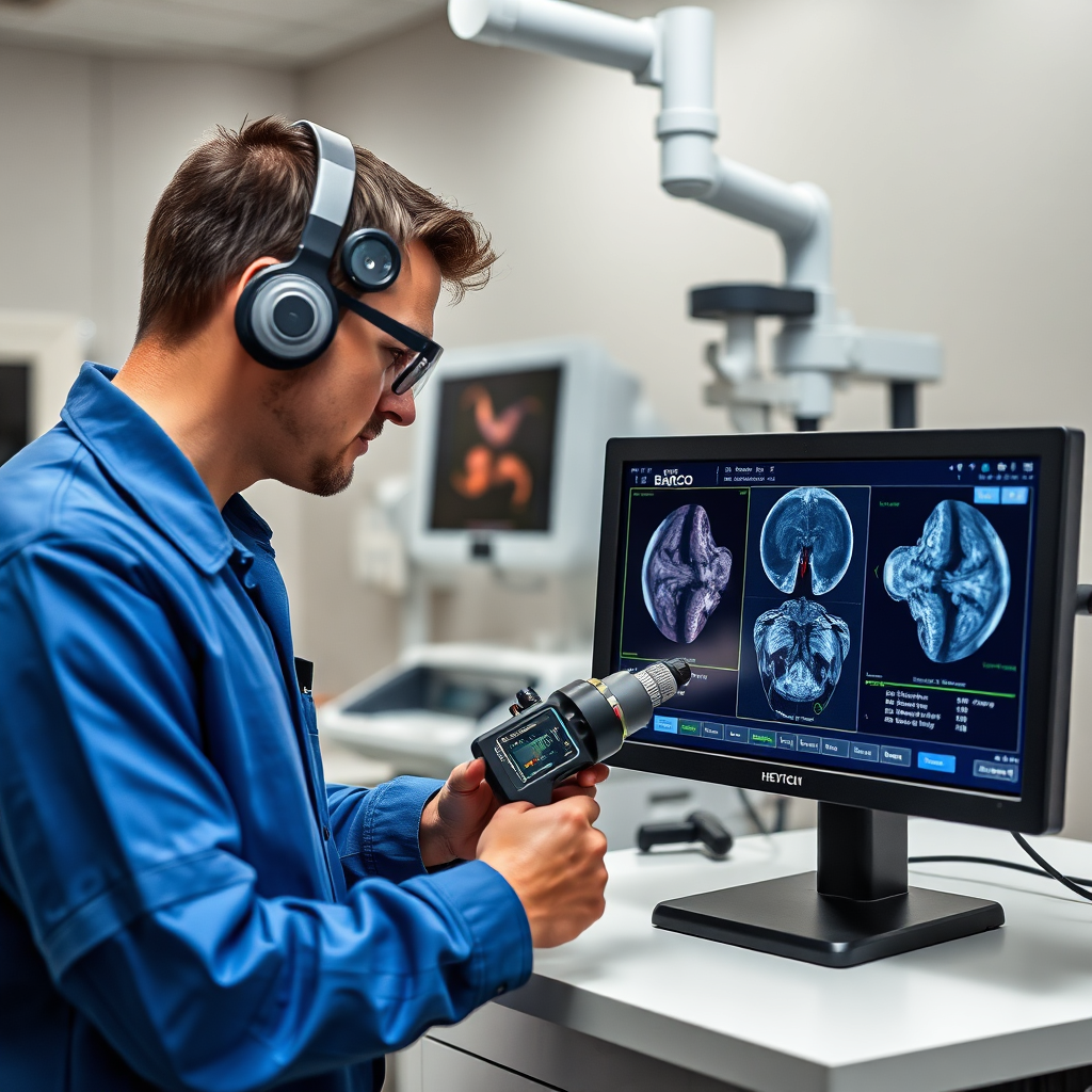 Create an image showing a HEYTECH technician calibrating a BARCO medical display. Focus on the precision tools and software used in the calibration process. The scene should be set in a medical imaging lab. Style: Professional tech service with a focus on precision and quality.