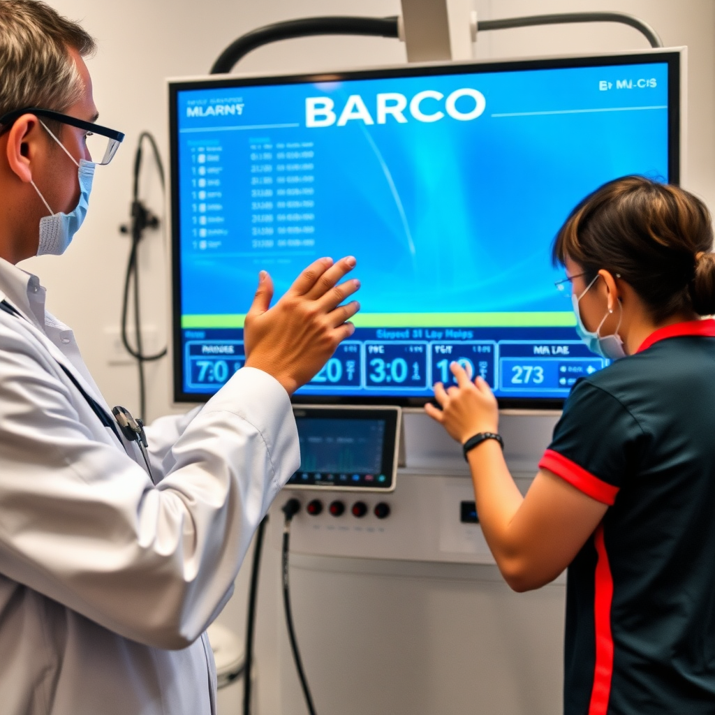 Create an image showing a routine check-up of a BARCO medical display as part of a preventative maintenance program. Highlight the proactive approach and attention to detail. Style: Preventative tech care with a focus on longevity and reliability.
